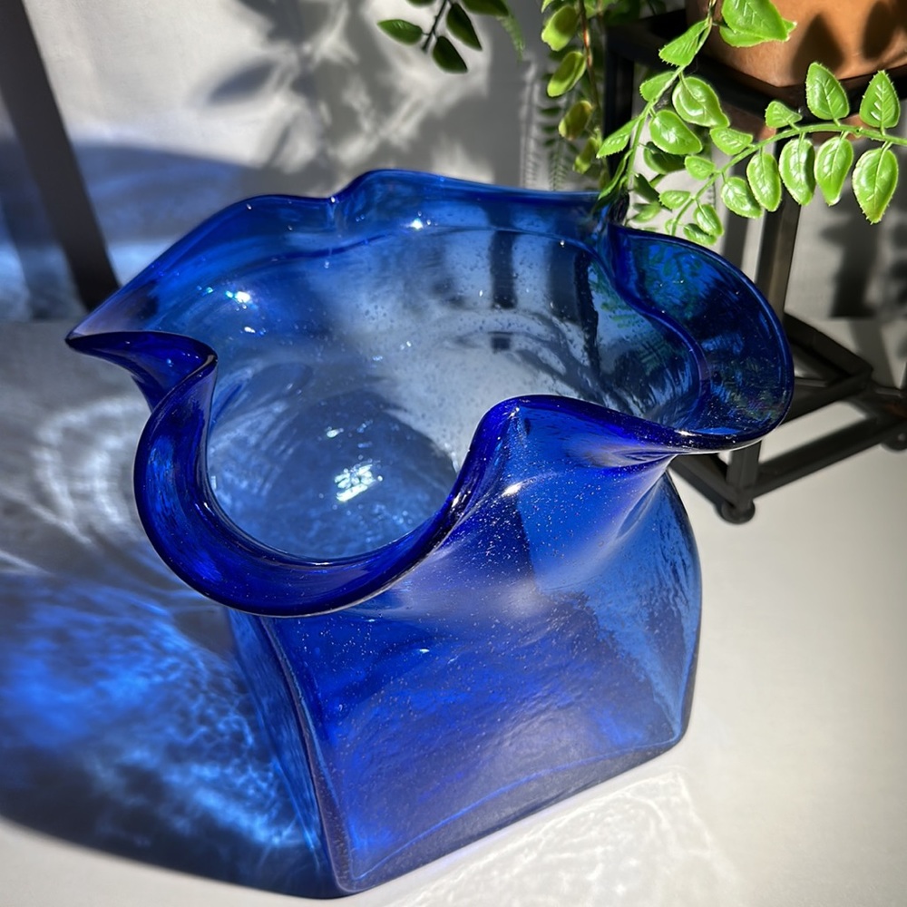 Vintage MCM Large Blue Bubble Glass Scalloped Edge Vase